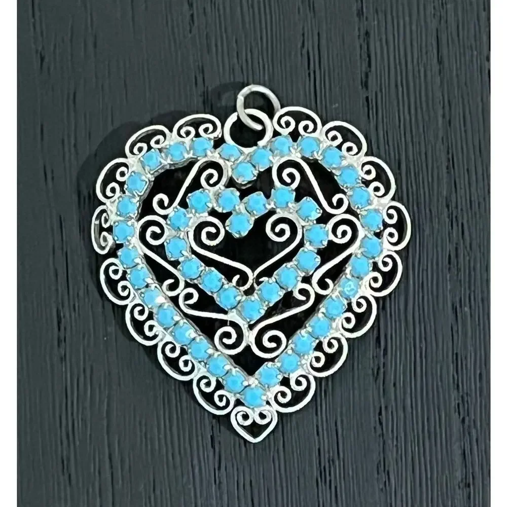 Vintage Blue Rhinestone Heart Pendant Filigree‎ Statement Cottagecore
